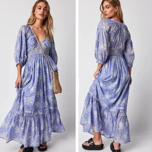 Free People Golden Hour Maxi Dress Women's Small Blue‎ Floral Boho Smocked thumbnail 2