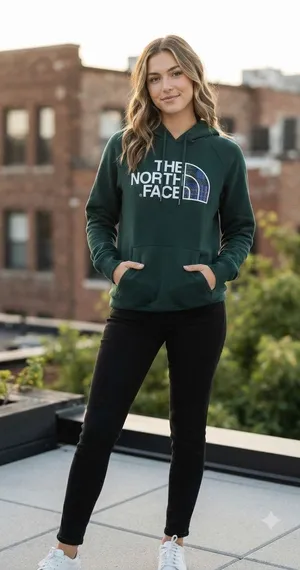The North Face Women's Large Green Pullover Hoodie Plaid Logo Graphic Sweatshirt thumbnail 1