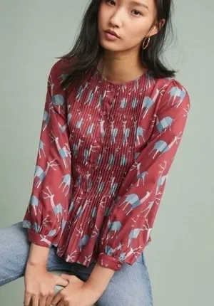 Anthropologie GEISHA DESIGNS Reindeer Deer Print Pleated‎ Top Blouse Medium thumbnail 1