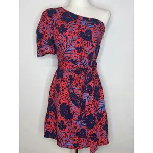 Lilly Pulitzer Red Blue Floral One Shoulder Puff Sleeve Dress Cocktail Size 4 thumbnail 2