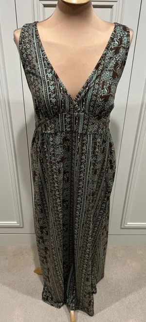 Earthbound Trading Co Sleeveless Maxi Dress Brown Mint Green Boho Hippie Lounge thumbnail 1