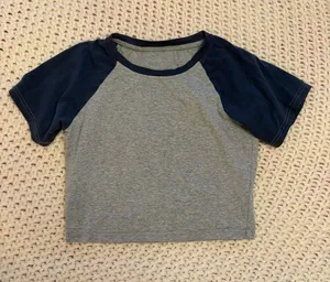 SHEIN Short-Sleeved Crop Top Baseball Tee Gray With Navy Blue Sleeve thumbnail 1