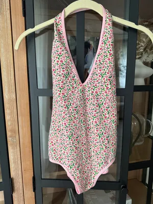 American apparel floral bodysuit leotard sleeveless scoop open back vneck halter thumbnail 2