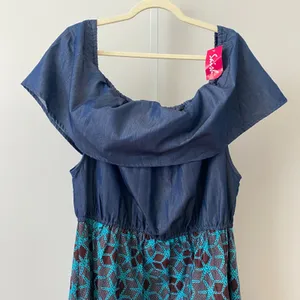 Saish Cotton Boho Beachy Relaxed Lagenlook Off Shoulder Maxi Dress Free Blue thumbnail 2