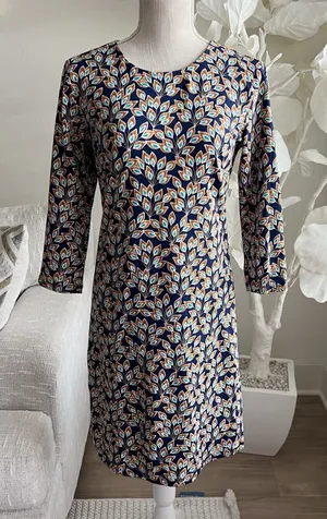J. McLaughlin Sophia Shift Dress In Navy And Orange Peacock Long Sleeve Dress M thumbnail 1