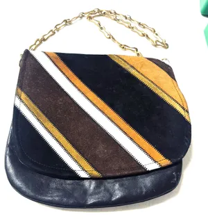 Vintage 70s suede & leather striped saddle bag purse flap gold chain patchwork‎ thumbnail 1