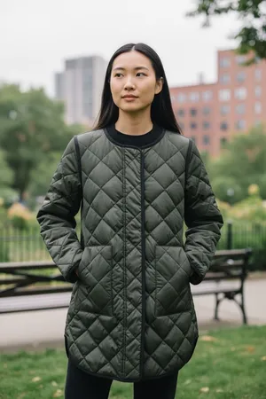 Theory Quilted Down Puffer Coat Olive Green Longline Jacket XS Petite thumbnail 1