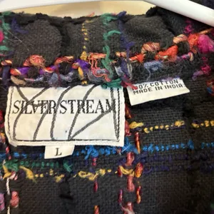 VINTAGE 80s Silver Stream 100% COTTON Jacket Large Black‎ Colorful Tweed Fringe thumbnail 2