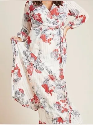 Anthropologie Hutch Giselle Floral Chiffon‎ Wrap Maxi Dress Red Jardin Sz Medium thumbnail 5