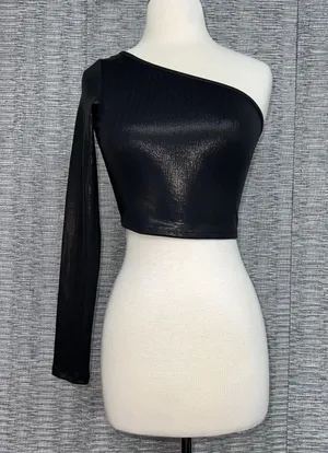 Forever 21 New Without Tag Black Shiny One Shoulder Stretchy Going Out Crop Top thumbnail 1