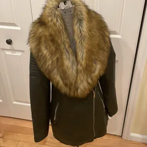Love Token olive green vegan leather with faux fur removable collar moto jacket thumbnail 3