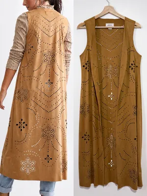 Ariat Magdelena Faux Suede Duster Long Vest Laser Cutout Floral Size Small thumbnail 2