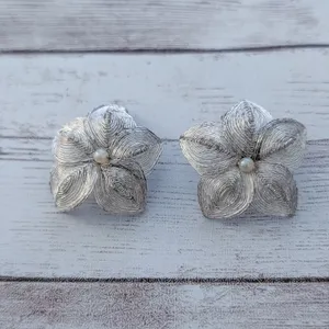 Vintage Clip On Earrings Large Silver Tone Flower - Tarnished/Loose Clip thumbnail 2
