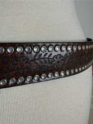 Western Tooled Large Buckle Belt with Rhinestones Brown thumbnail 10