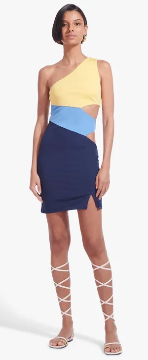 Staud Letta asymmetric jersey mini dress in cool ocean multi size S small thumbnail 1