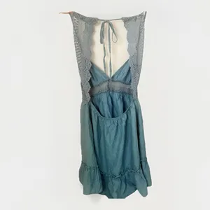 Boho Prairie Dusty Blue Crochet Backless Western Party Mini Ruffle Hem Dress M thumbnail 4