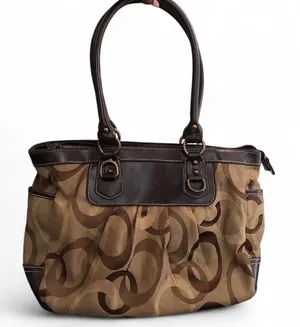 2000s Y2K Tan khaki brown beige shoulder hand school book laptop bag purse hobo tote monogram canvas faux leather. Great condition. Measurements in pics #boho #western #whimsygoth #grunge thumbnail 1