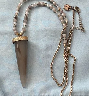 32” Necklace Stone Beads Beaded With Antler Tip Shape Pendant 2.5” H Cream Brown thumbnail 1