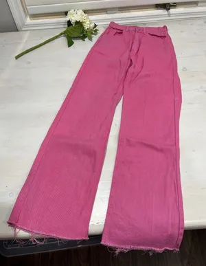 SHEIN Pink Wide Leg Jeans High Waist Frayed‎ Hem Raw Edge Size 25 Cotton thumbnail 1