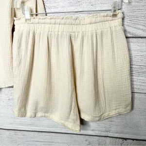 Neutral Cream Button-Up Shirt & Casual Drawstring Shorts Summer Set Size Small thumbnail 6
