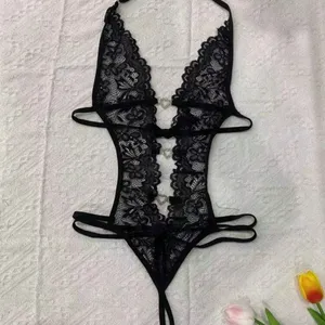 Women's Sexy Lace Teddy Bodysuit S Black Sheer Cutout Heart Rhinestone NWT thumbnail 3