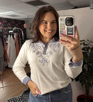Vintage Embroidered Western Long Sleeve Polo Top White Size PS thumbnail 1