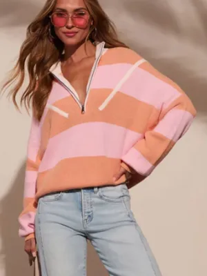 Vici - Orange & Pink Sleek Stride Striped Quarter Zip Sweater thumbnail 1