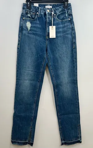 Good American Good Boy Double Slit Jeans 0/25 NWT High Rise BLUE404 Raw Hem thumbnail 1