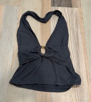 Halter Top O-Ring V-Neck Open Back Charcoal Gray Jersey Knit Festival Summer thumbnail 1