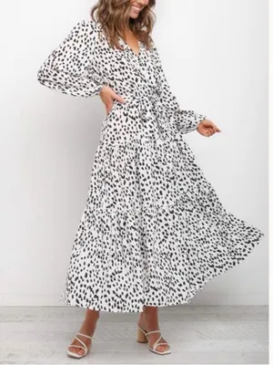 Petal & Pup Hyde Cheetah Tie Waist V-Neck Long Sleeve Maxi Dress 6 White Black thumbnail 1