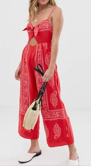Free People Feel The Sun Wide Leg Paisley Bandana Print Jumpsuit Red Medium thumbnail 1
