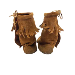 Taos Brown Fringed Suede Leather Tie Button Mid Calf Moccasin Boots Size 10.75 thumbnail 3