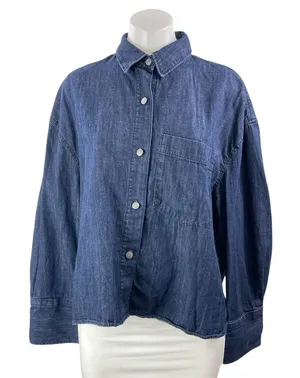 Zara Women's Blue Long Sleeve Chest Pocket Career Button Down Shirt Top Size M thumbnail 1