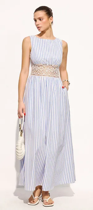 Commence Blue & White Striped Maxi Dress with Crochet Waist Small NWT Pocket s thumbnail 1