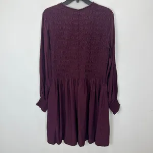 Madewell Long-Sleeve Smocked Mini Dress Dark Pomegranate Crepe Large NWT thumbnail 9