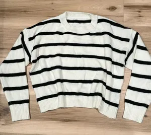 Seasty Knit Crewneck White Black Striped Sweater Women’s Small thumbnail 1
