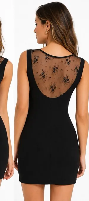 Black Short Dress w/Lace Neckline & Scoop Back thumbnail 1