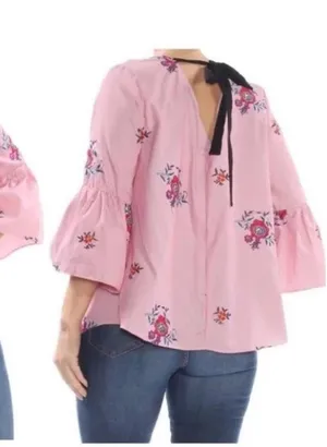 Nine West Red and White Striped Floral Embroidered Bell Sleeve Blouse Size XL thumbnail 1