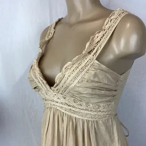 Tan Cotton Crochet Lace Trim Long Sleeveless Maxi Dress M thumbnail 3