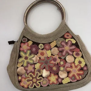 Boho Macrame Crochet Purse Bag Tote Round Handles Floral Brown Hippie 70’s Y2K thumbnail 2