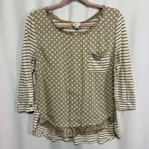 Postmark Anthropologie Mixed Print T-shirt Size M Beige Ivory Polka Dot Stripe thumbnail 1