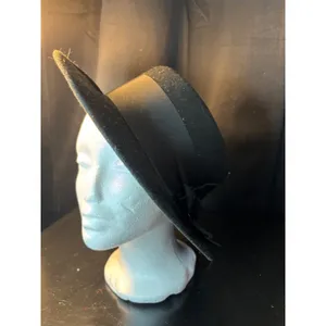 Vintage Black 100% Wool Boater Hat Made in USA Grosgrain Ribbon Bow WPL 4384 thumbnail 6