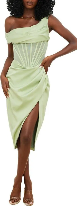House Of CB NWT Lulu Corset One-Shoulder Satin Midi Dress thumbnail 2