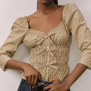 REFORMATION Lauryn Top‎ Gingham In brown Size 10 NWT thumbnail 2