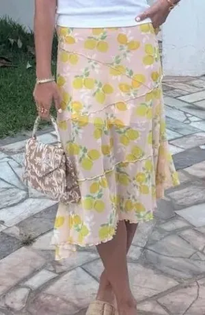 See You‎ Monday Lemon Print Midi Skirt Ruffle Trim Asymmetrical Hem Medium thumbnail 1