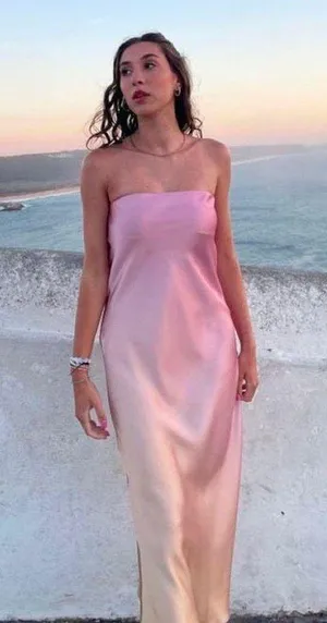 Zara midi dress maxi tie die pink beige satin strapless wedding shower date thumbnail 1
