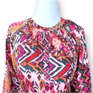 Zara Angie Belted Abstract Print Mini Dress Pink Red Boho‎ Ruffle Drop Waist XS thumbnail 2