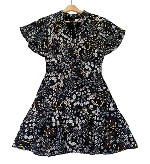 Parker Womens Floral V-Neck Flutter Sleeve Tiered Mini Dress‎ Black Small thumbnail 1