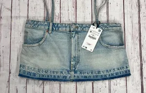 ZARA NWT Cropped Denim Jean Top Distressed w/ Spaghetti Straps Light Blue Wash thumbnail 5