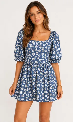 American Eagle Blue Floral Square Neck Puff Sleeve Mini Dress thumbnail 1
